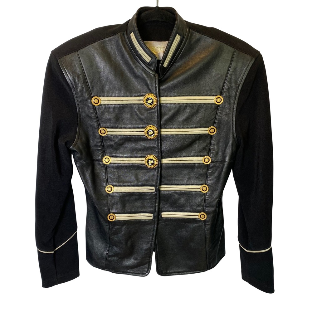 Cache Military Jacket Women Small Black Leather Gold Crest Button Goth Steampunk